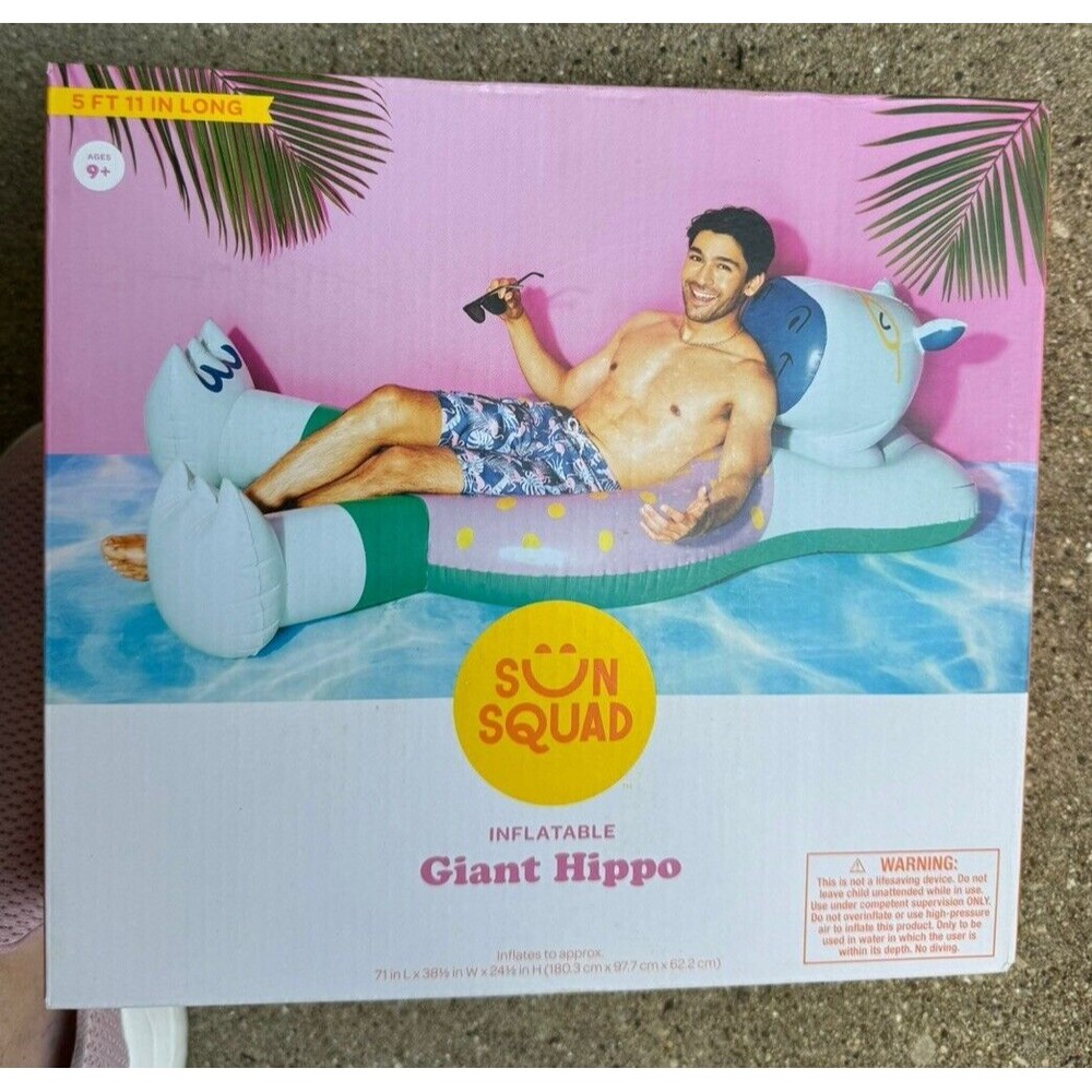 NWT Sun Squad Giant Hippo Pool‎ Float Inflatable Almost 6 Feet House Hippo